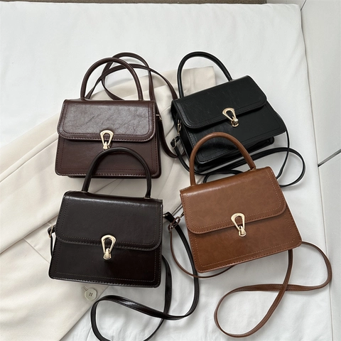 Vintage Women Crossbody Bag PU Leather Handbag With Gold Horseshoe Buckle Small Square Shoulder Bag Solid Color