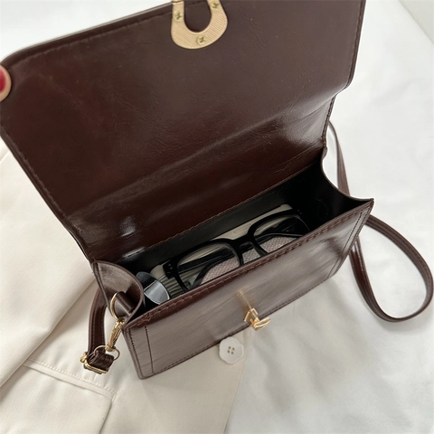 Vintage Women Crossbody Bag PU Leather Handbag With Gold Horseshoe Buckle Small Square Shoulder Bag Solid Color