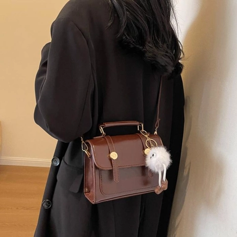 Vintage PU Leather Crossbody Bag For Women Small Square Handbag With Gold Hardware And White Plush Monster Charm Pendant