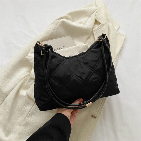 Gewatteerde Hobo Tas Nylon Ruitpatroon Schoudertas Met Rits Lichtgewicht Casual Voor Dames