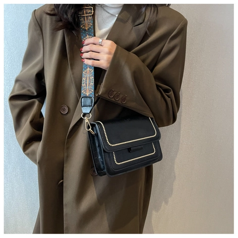 Borsa A Tracolla Donna In Pelle PU Con Tracolla Larga Stile Etnico Piccola Borsa Quadrata Retro Dettagli Borchie Vintage
