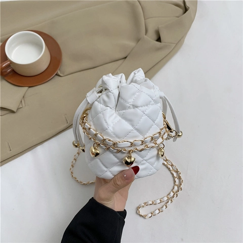 Dames Trendy Gewatteerde PU Lederen Emmer Tas Harthanger Gouden Ketting Trekkoord Crossbody Schoudertas Kleine Vierkante Tas