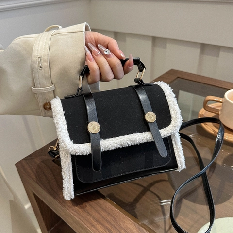 Vintage Women Crossbody Bag PU Leather Faux Shearling Trim Small Square Top Handle Handbag Winter Fashion Retro Style