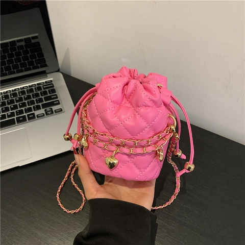 Dames Trendy Gewatteerde PU Lederen Emmer Tas Harthanger Gouden Ketting Trekkoord Crossbody Schoudertas Kleine Vierkante Tas