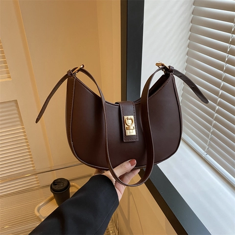 Bolso de Axila de Media Luna de Cuero PU Vintage para Mujer Bolso de Hombro Minimalista de Color Sólido Con Hebilla de Metal Dorado