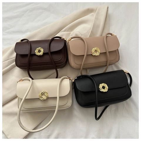 Minimalistische Okseltas Schoudertas Vrouwen Vintage PU Leer Vierkant Flip Top Tas Gouden Metalen Gesp Elegante Dagelijkse Tas