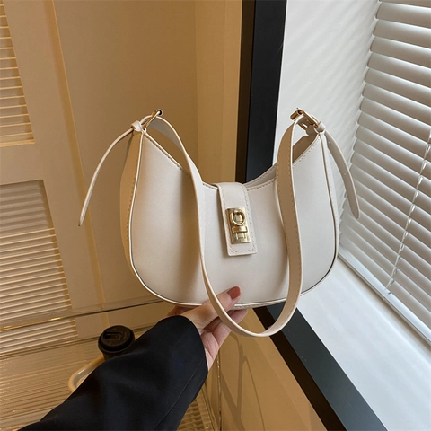 Bolso de Axila de Media Luna de Cuero PU Vintage para Mujer Bolso de Hombro Minimalista de Color Sólido Con Hebilla de Metal Dorado