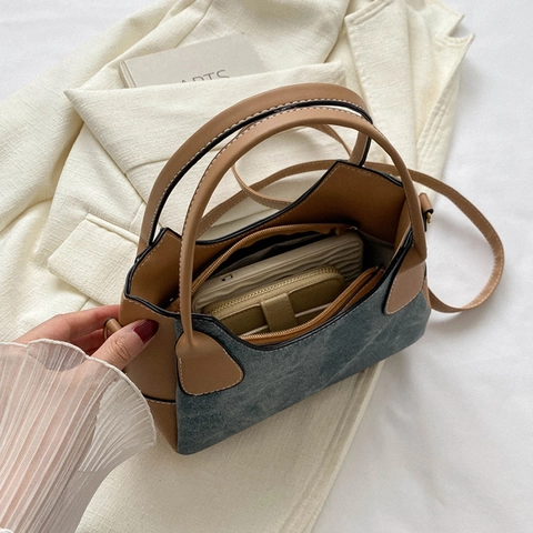 Borsa A Tracolla Vintage Da Donna In Pelle PU E Denim Patchwork Borsa A Mano Design Francese Con Tracolla Regolabile