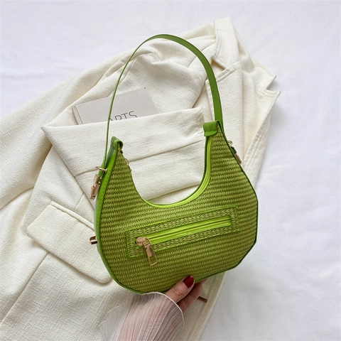 Women Woven PU Leather Crescent Hobo Bag Fashion Casual Shoulder Handbag With Front Zipper Pocket Gold Hardware Solid Color
