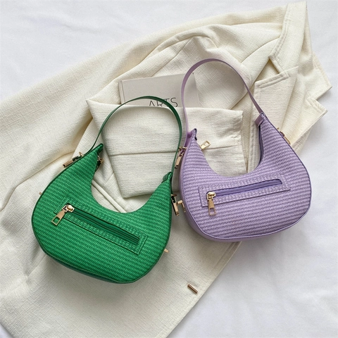 Women Woven PU Leather Crescent Hobo Bag Fashion Casual Shoulder Handbag With Front Zipper Pocket Gold Hardware Solid Color
