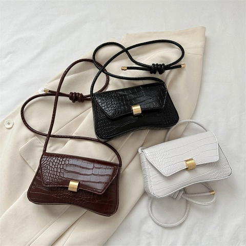 Crocodile Embossed PU Leather Shoulder Bag Underarm Crossbody Purse With Gold Clasp Knot Strap Curved Bottom For Women