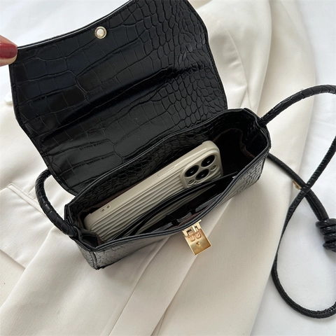 Crocodile Embossed PU Leather Shoulder Bag Underarm Crossbody Purse With Gold Clasp Knot Strap Curved Bottom For Women