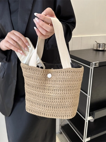 Sac À Main Tissé En Paille Sac Seau Avec Poignée En Toile Fermeture À Bouton Vacances À La Plage Style Français