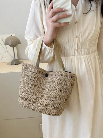 Sac À Main Tissé En Paille Sac Seau Avec Poignée En Toile Fermeture À Bouton Vacances À La Plage Style Français