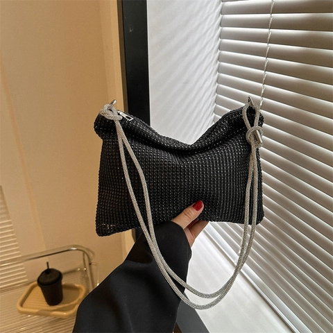 Women Rhinestone Underarm Bag Sparkling Metal Mesh Shoulder Bag Evening Party Handbag Luxury Hobo Bag Zipper Clutch Purse