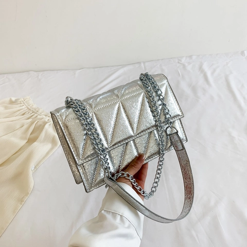 Women Crossbody Bag PU Leather Geometric Quilted Triangular Pattern Chain Strap Metallic Finish Square Flap Stylish
