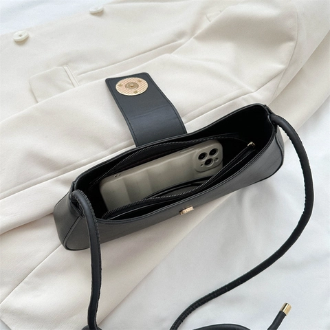Women Baguette Bag PU Leather Minimalist Half Moon Underarm Shoulder Purse With Metal Ring Buckle Knotted Strap