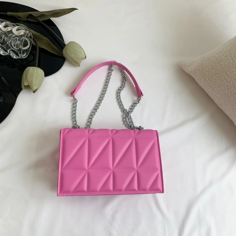 Women Trendy Small Square Crossbody Bag PU Leather Triangular Quilted Pattern Silver Metal Chain Shoulder Bag Flap Design
