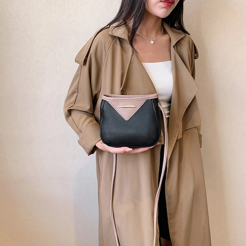 Bolso Bandolera Mini Cubo Para Mujer Cuero PU Grano Lichi Color En Contraste Moda Urbana Simple Bolso De Hombro Con Bolsa Pequeña