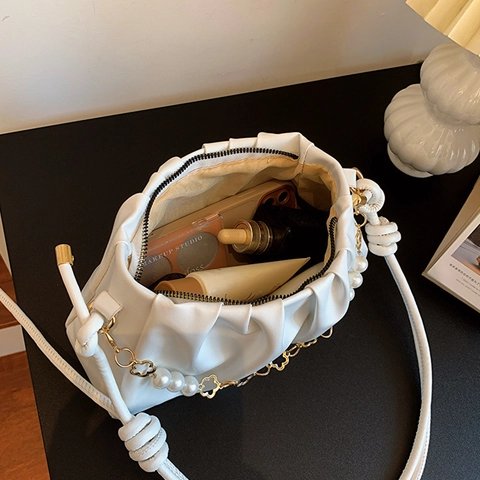 Ruched Cloud Crossbody Bag PU Leather With Artificial Pearl Flower Chain Knotted Strap Korean Style For Women Daily Shoulder Bag