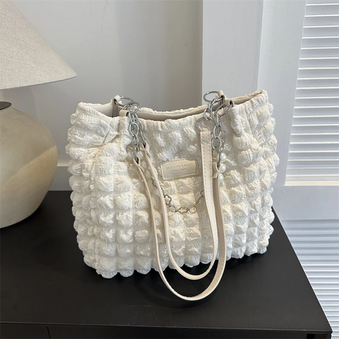 Borsa Tote Da Donna Grande Capacità Nylon Trama Bolle Plissettata Moda Borsa A Spalla Tracolla Catena Di Künstliche Perle Ciondoli
