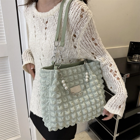 Borsa Tote Da Donna Grande Capacità Nylon Trama Bolle Plissettata Moda Borsa A Spalla Tracolla Catena Di Künstliche Perle Ciondoli