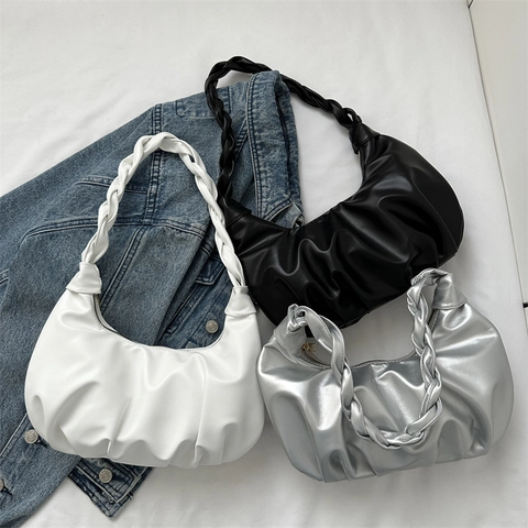 Borsa Sottobraccio Hobo Da Donna Pelle PU Arricciata Forma Dumpling Moda Manico Intrecciato Borsa A Spalla