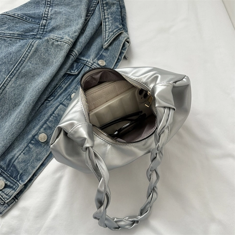 Borsa Sottobraccio Hobo Da Donna Pelle PU Arricciata Forma Dumpling Moda Manico Intrecciato Borsa A Spalla