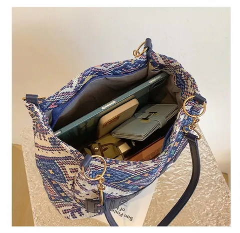 Ethnische Gewebte Einkaufstasche Für Frauen Große Kapazität Retro Geometrisches Muster Schultertasche Lederriemen Metallkette