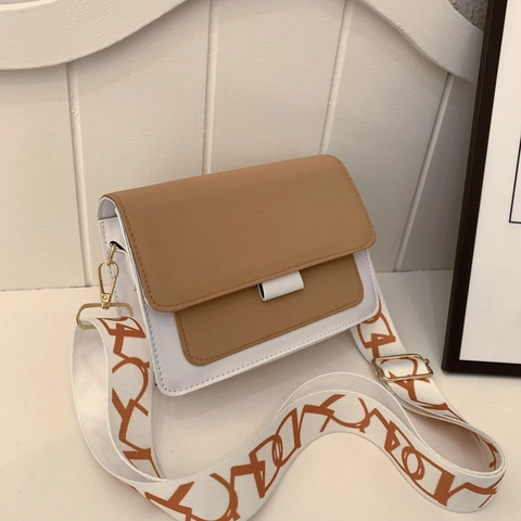 Bolso Bandolera Cuadrado Pequeño Para Mujer Retro Cuero PU Solapa Color Contraste Con Correa De Hombro Ancha Estampada