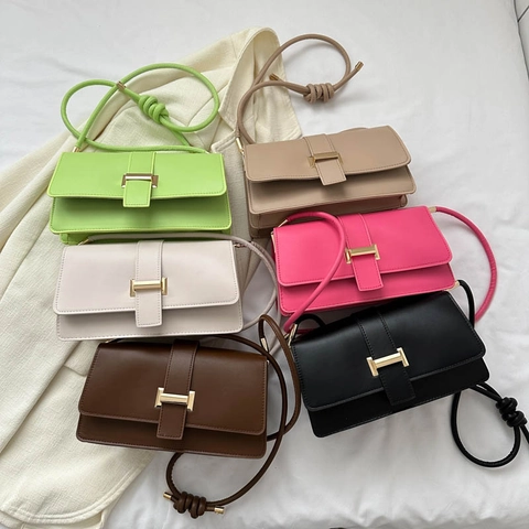 Women PU Leather Crossbody Bag Fashion Metal Buckle Flap Small Square Shoulder Underarm Purse Knotted Strap Urban Style
