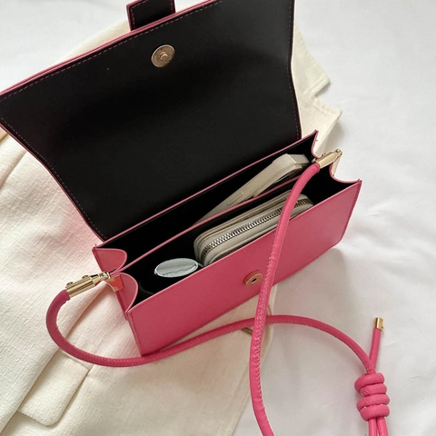 Women PU Leather Crossbody Bag Fashion Metal Buckle Flap Small Square Shoulder Underarm Purse Knotted Strap Urban Style