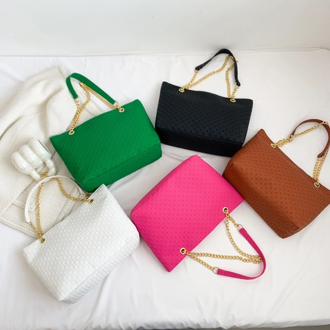 Chic Women Large Capacity Tote Bag Lychee Texture PU Leather Shoulder Bag With Gold Chain Strap Minimalist Office Style