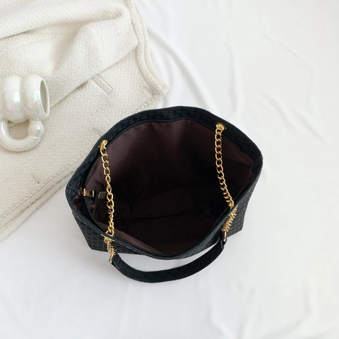 Chic Women Large Capacity Tote Bag Lychee Texture PU Leather Shoulder Bag With Gold Chain Strap Minimalist Office Style