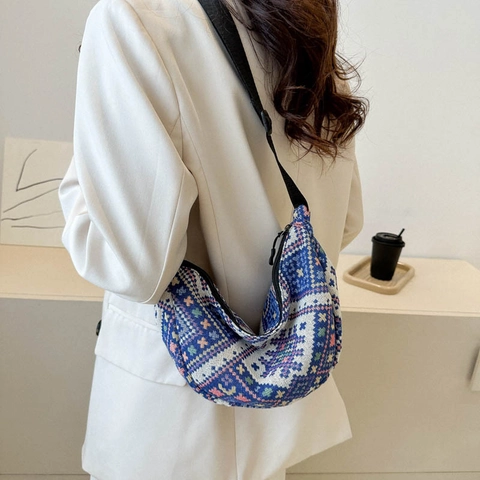 Damen Ethno Bohemian Umhängetasche Geometrische Jacquard Gewebte Canvas Halbmond Schultertasche Verstellbarer Gurt