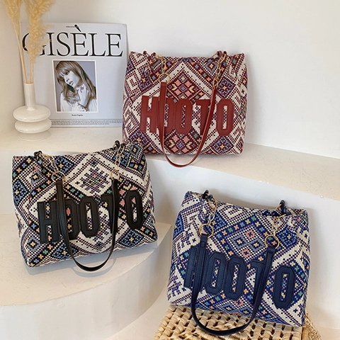 Ethnische Gewebte Einkaufstasche Für Frauen Große Kapazität Retro Geometrisches Muster Schultertasche Lederriemen Metallkette