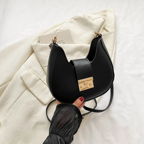 Minimalist PU Leather Crescent Crossbody Bag For Women Gold Metal Lock Retro Adjustable Strap Underarm Shoulder Bag