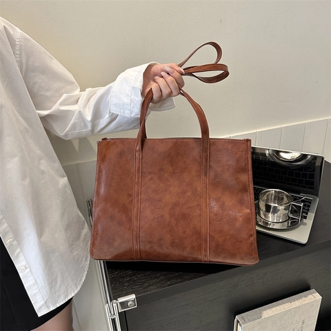 Women Large Capacity Tote Bag Vintage PU Leather Minimalist Commuter Shoulder Handbag Retro Office Lady Shopping