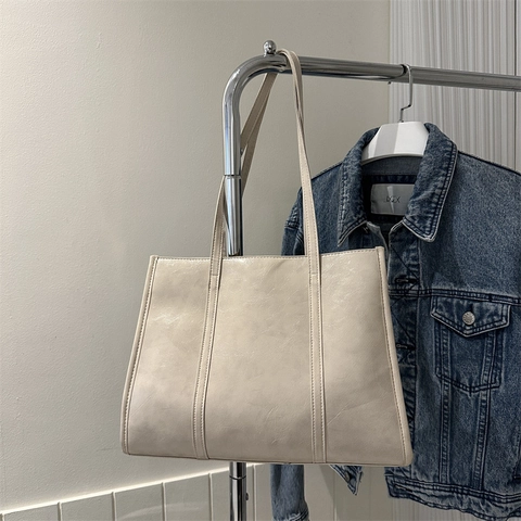 Women Large Capacity Tote Bag Vintage PU Leather Minimalist Commuter Shoulder Handbag Retro Office Lady Shopping