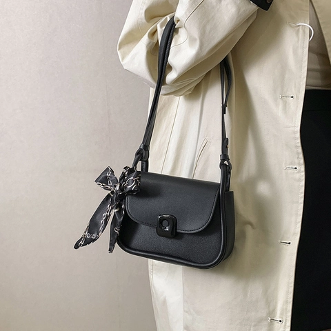 Bolso Bandolera de Moda Coreana para Mujer Cuero PU Color en Contraste Bolso de Hombro Cuadrado Pequeño Con Pañuelo de Satén Decorativo