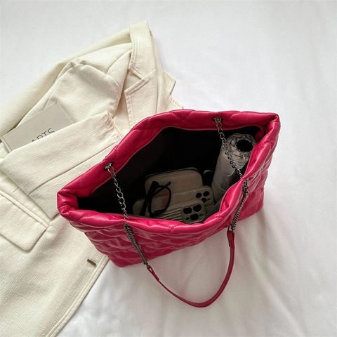 Quilted Rhombic Pattern Tote Bag Women Large Capacity PU Leather Chain Shoulder Bag Fashion Casual Handbag