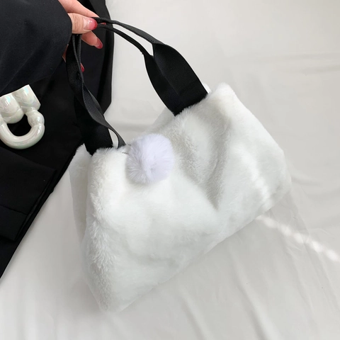 Women Faux Fur Tote Bag Plush Handbag With Pom Pom Charm Soft Winter Fashion Minimalist Large Capacity Solid Color