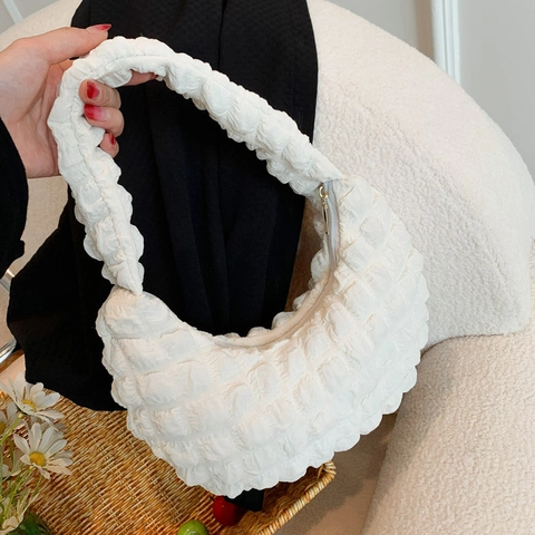 Bolso Hobo Con Textura De Burbujas Para Mujer Plegado Tela Popcorn Media Luna Axila Bolso De Mano Simple Conmutar Color Sólido