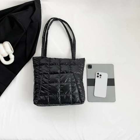 Metallic Glanzende Gewatteerde Puffer Shopper Lichtgewicht Gevoerde Schoudertas Grote Capaciteit Casual Mode Voor Dames