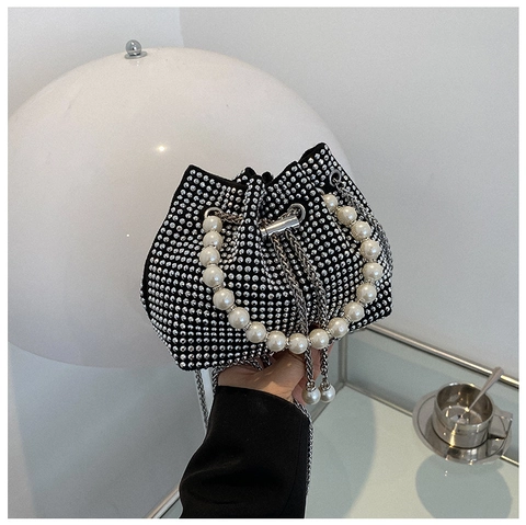 Borsa A Secchiello Da Donna Con Strass Manico In Perla Artificial E Tracolla In Catena Di Metallo Coulisse Borsa Da Sera