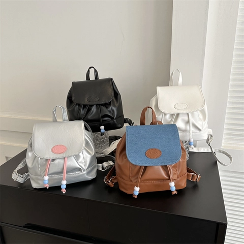 Mini Rucksack Damen PU Leder Klappverschluss Kordelzug Mit Bunten Perlen Lässige Schicke Streetwear Mode Tasche