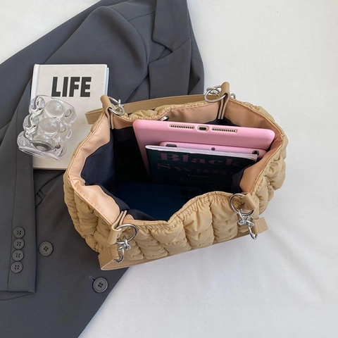 Sac Cabas Matelassé Pour Femmes Nylon Bulle Sac À Épaule Avec Chaîne Métallique Grande Capacité Décontracté