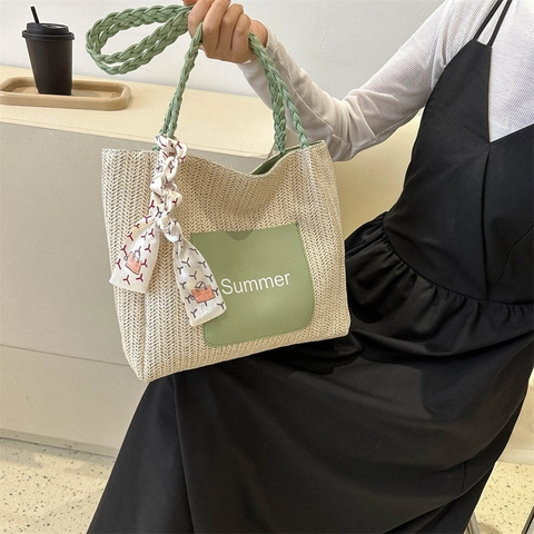 Ψάθινη Τσάντα Tote Γυναικεία Καλοκαιρινή Παραλία Με Μεταξωτό Μαντήλι Μεγάλη Χωρητικότητα Τσάντα Ώμου Δερμάτινο Patch PU Casual
