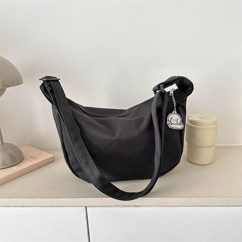 Corduroy Crossbody Bag Women Crescent Hobo Shoulder Bag With Cartoon Puppy Pendant Adjustable Strap Solid Color Korean Style