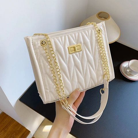 Bolso de Hombro de Cuero de PU Acolchado Vintage para Mujer Bolso de Bandolera con Cadena de Oro Elegante con Patrón en V Bolso